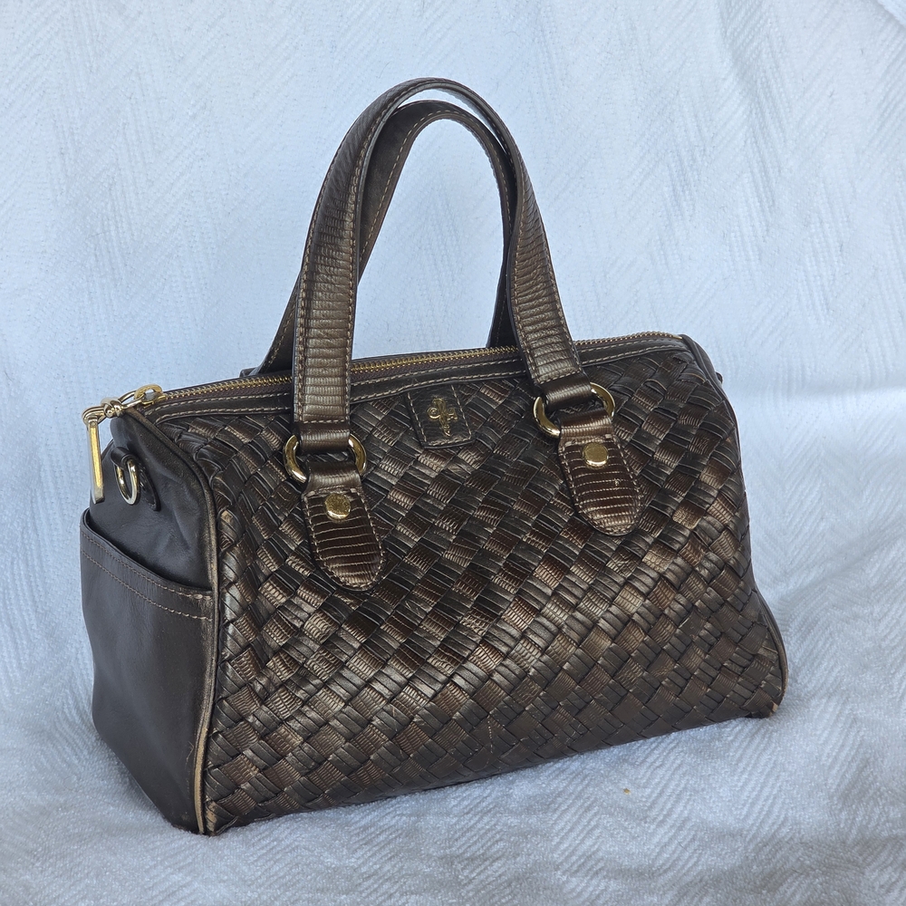 COLE HAAN Taupe Bronze Woven Leather Handbag